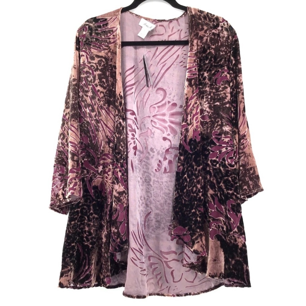 ARIS A Burn Out Velvet Plum Silk Blend Kimono Cardigan Duster